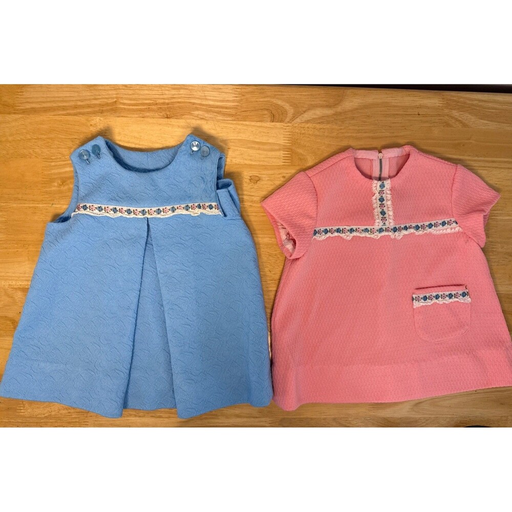Vintage Baby Girls Dress Lot Pinafore A Line Pink Blue Floral Lace Trim 12 Month